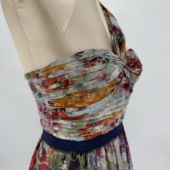 BCBGMAXAZRIA Inga Silk Metallic Dress One Shoulder Watercolor Pleated Size 2 - Picture 3 of 8